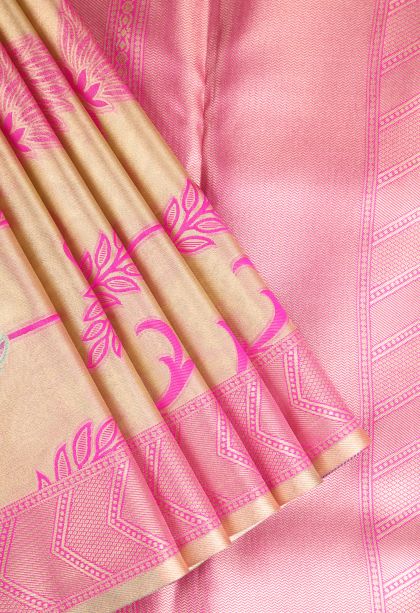 Sepia Yellow Apoorva Silk Sarees with Gold Zari Floral Patterns