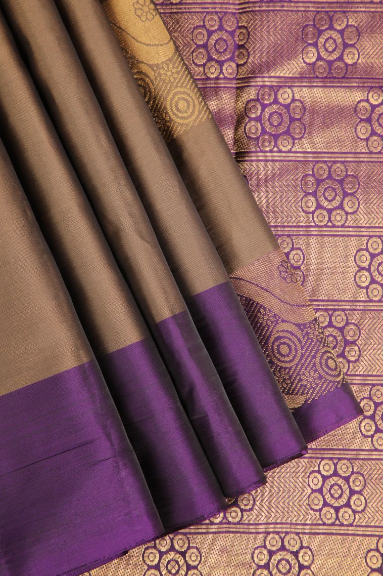Peanut Brown Soft Silk Saree Gold Zari with Floral Puttas view 1