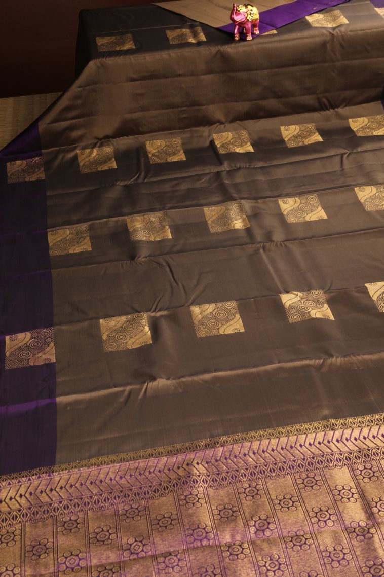 Peanut Brown Soft Silk Saree Gold Zari with Floral Puttas view 2