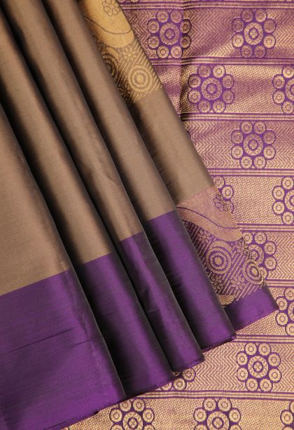 Peanut Brown Soft Silk Saree Gold Zari with Floral Puttas