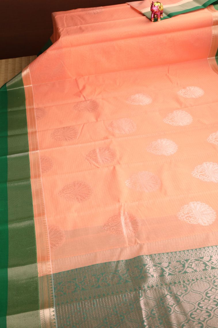 Flamingo Pink Silk Cotton Sarees with Copper Zari Floral Patterns view 2
