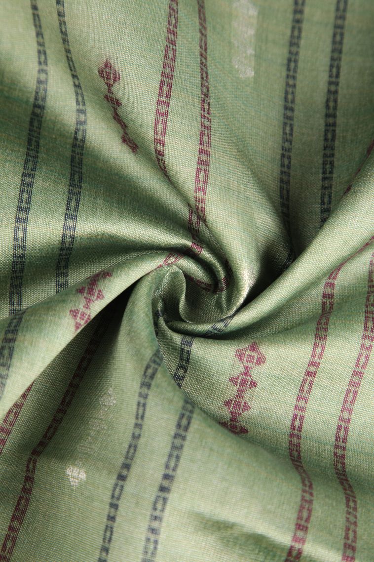 Pista Green Semi Tussar Silk with Silver Zari Stripes view 4