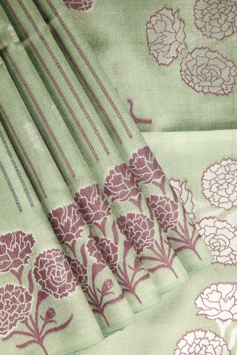 Pista Green Semi Tussar Silk with Silver Zari Stripes view 1