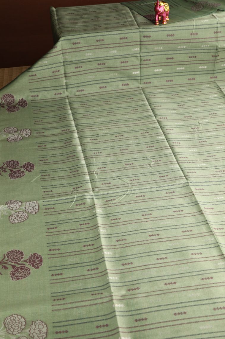 Pista Green Semi Tussar Silk with Silver Zari Stripes view 2