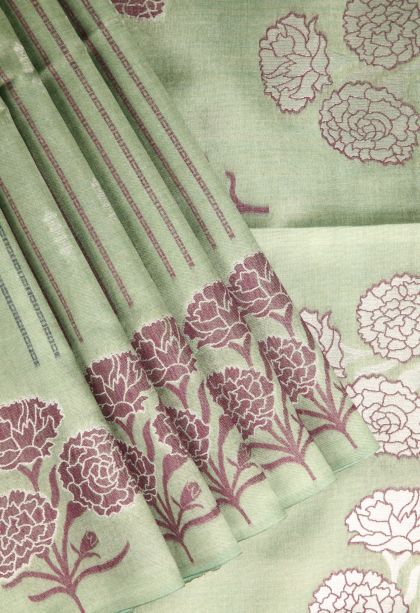 Pista Green Semi Tussar Silk with Silver Zari Stripes