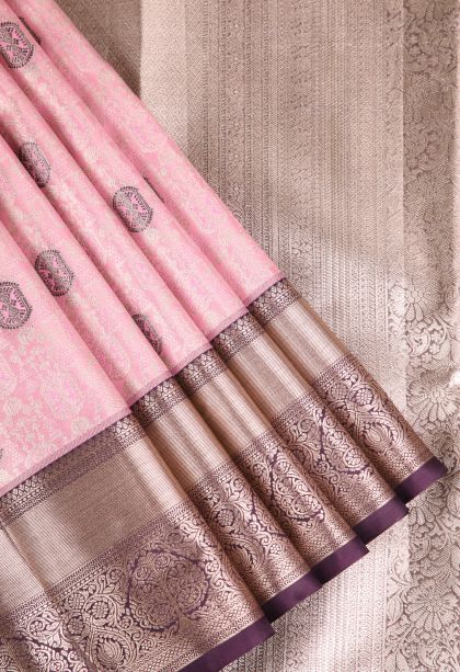Ballet Pink Apoorva Silk Sarees with Copper Zari Floral Puttas