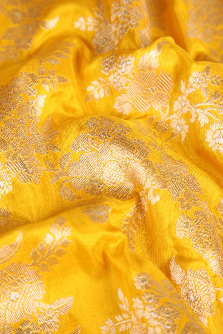 Briht Yellow Banaras Silk Saree Gold And Silver Zari with Floral Patterns view 4