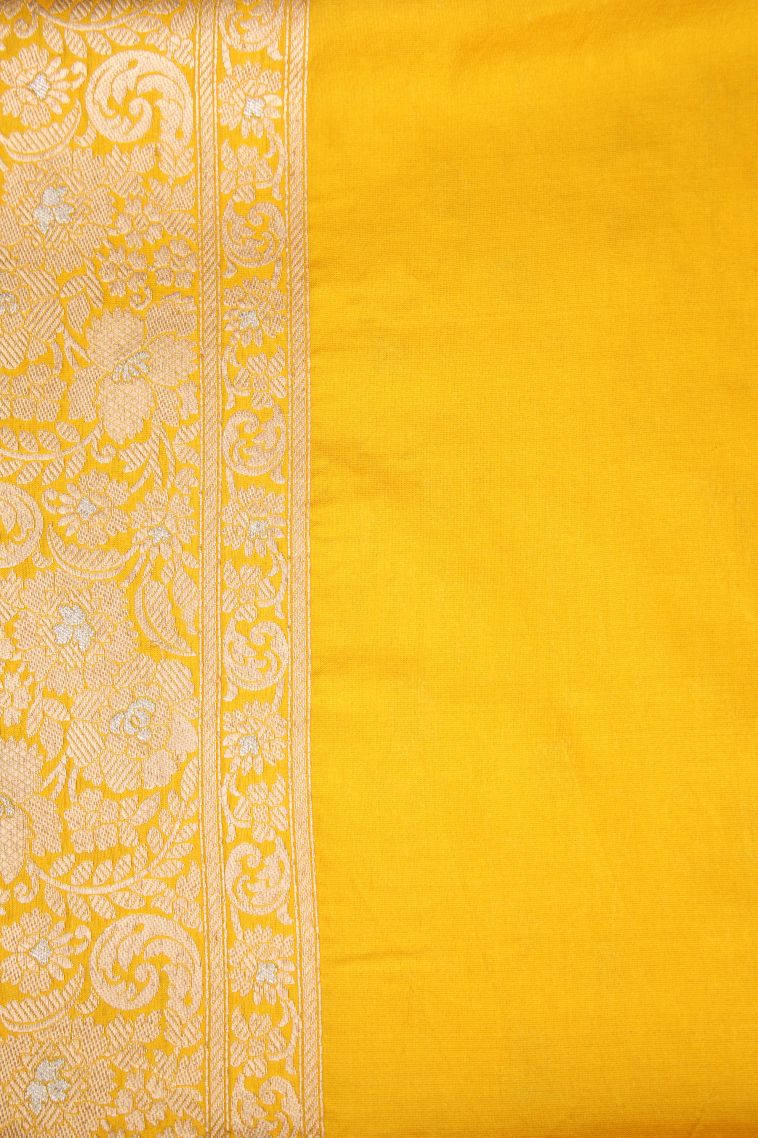 Briht Yellow Banaras Silk Saree Gold And Silver Zari with Floral Patterns view 3