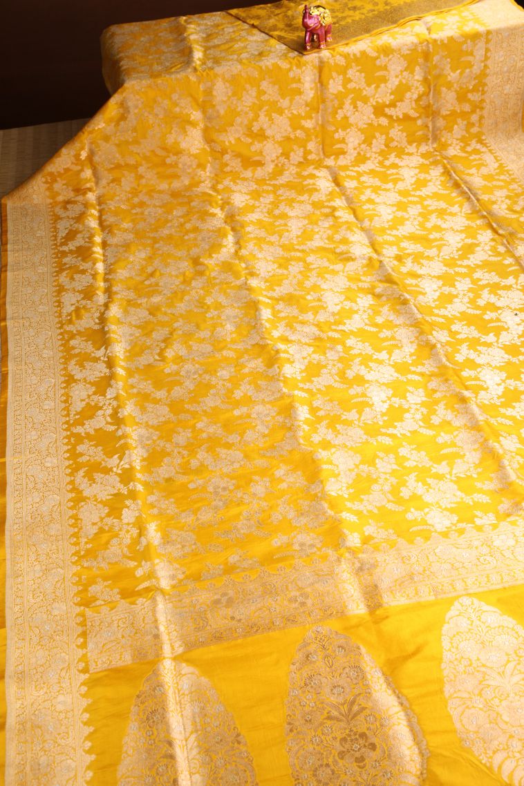 Briht Yellow Banaras Silk Saree Gold And Silver Zari with Floral Patterns view 2