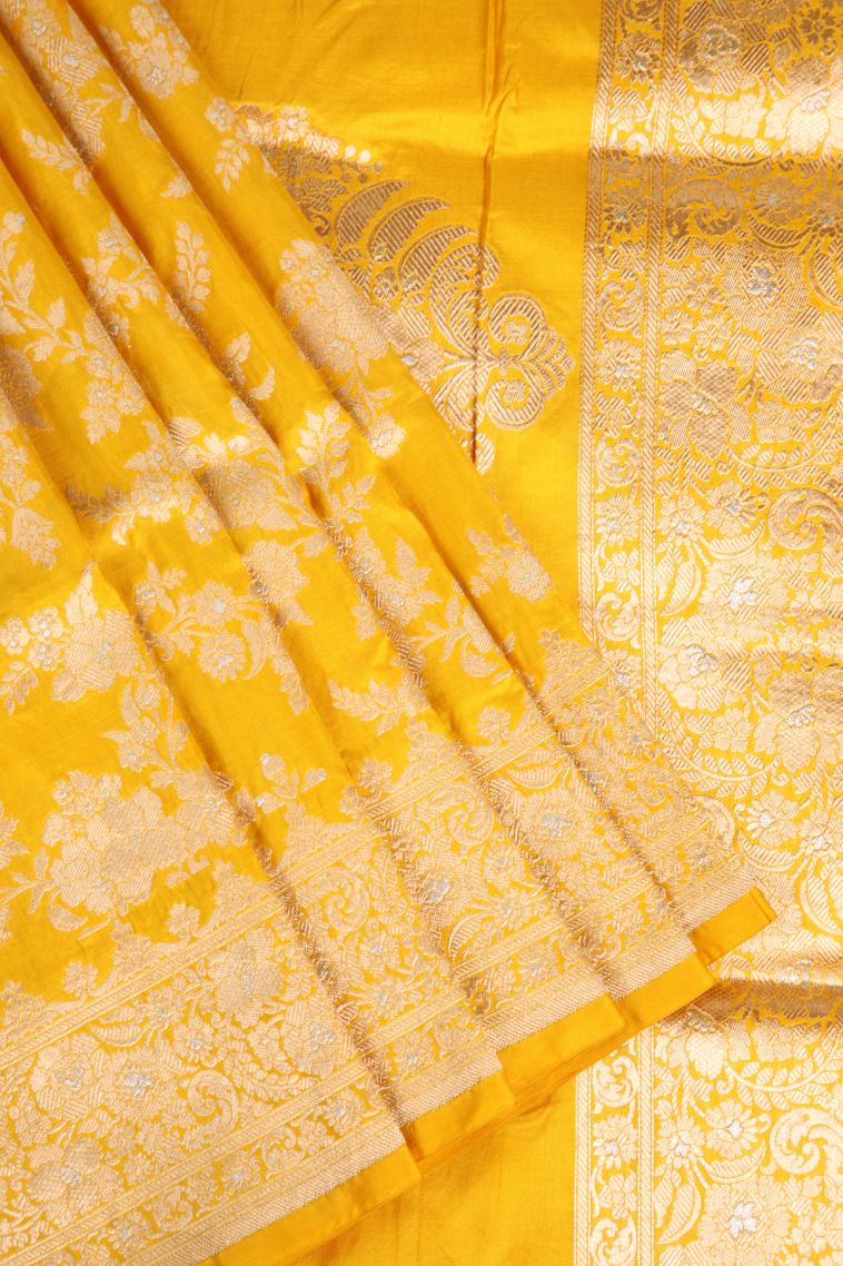 Briht Yellow Banaras Silk Saree Gold And Silver Zari with Floral Patterns