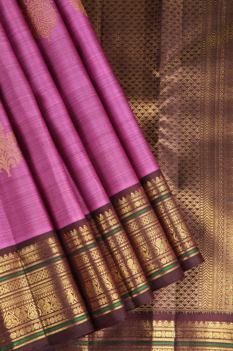 Taffy Pink Kanchipuram Silk Sarees with Gold Zari Leaf Pattern view 1