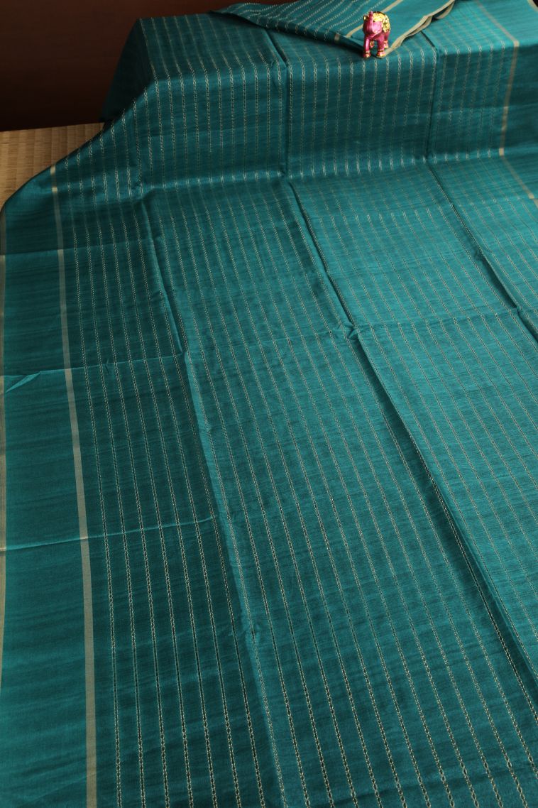 Teal Blue Semi Tussar Silk Gold Zari with Kodi Pattern view 2
