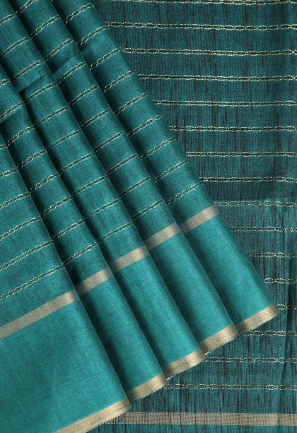Teal Blue Semi Tussar Silk Gold Zari with Kodi Pattern