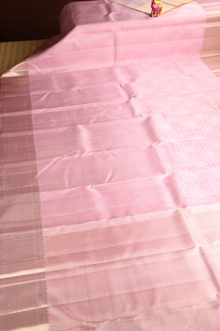 Lemonade Pink Kanchipuram Silk Sarees Gold Zari with Floral Patterns view 2