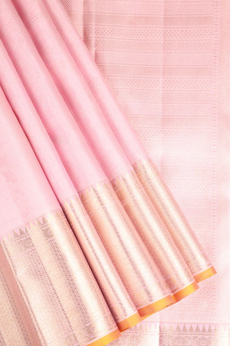 Lemonade Pink Kanchipuram Silk Sarees Gold Zari with Floral Patterns view 1