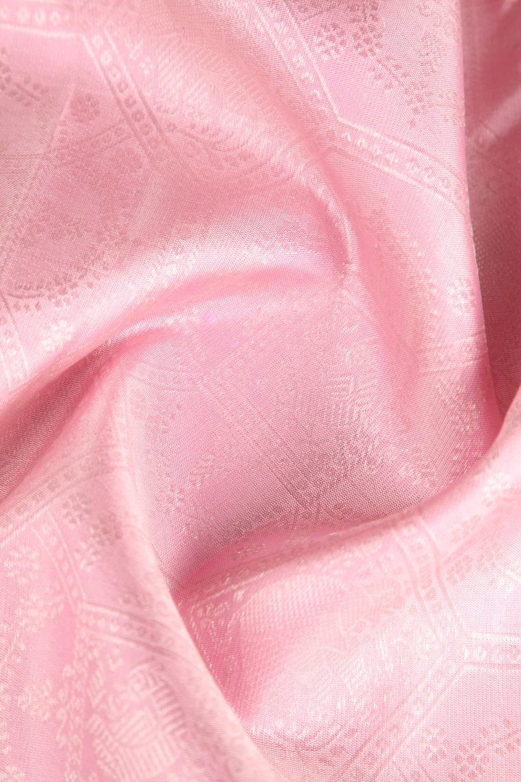 Lemonade Pink Kanchipuram Silk Sarees Gold Zari with Floral Patterns view 4