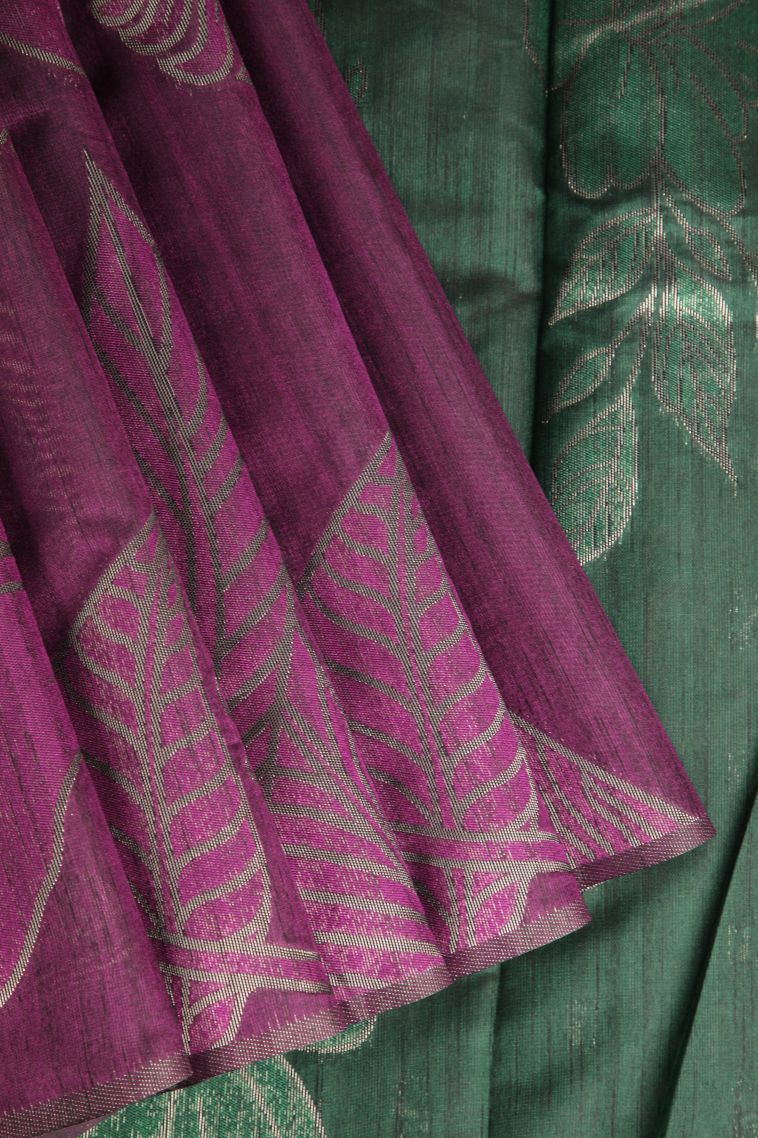 Magenta Purple Jute Sarees with Silver Zari Floral Patterns view 1