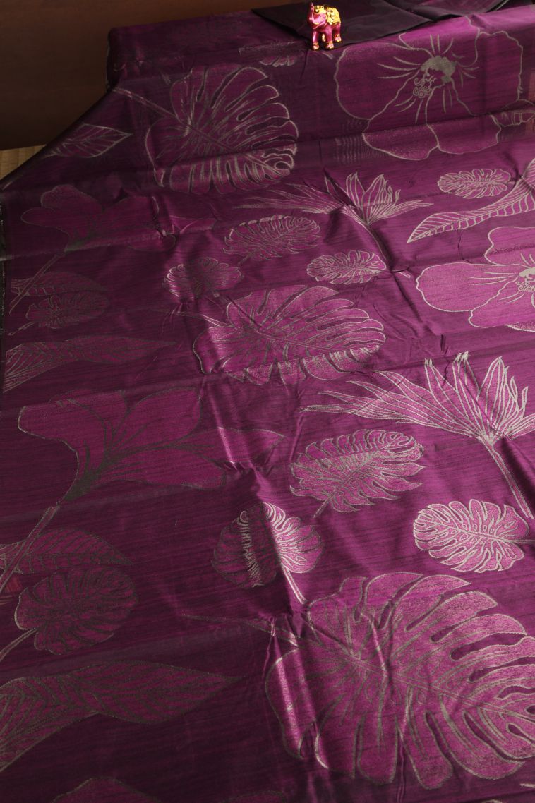 Magenta Purple Jute Sarees with Silver Zari Floral Patterns view 2