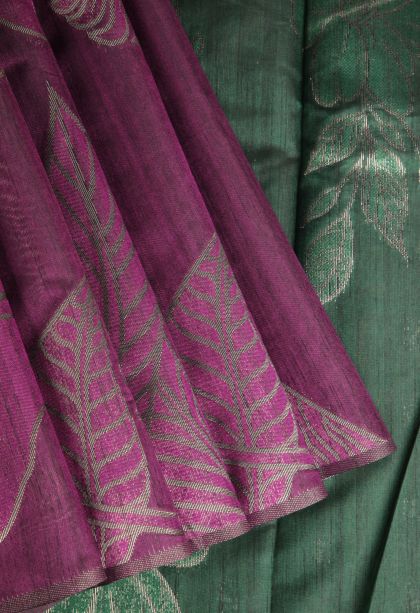 Magenta Purple Jute Sarees with Silver Zari Floral Patterns