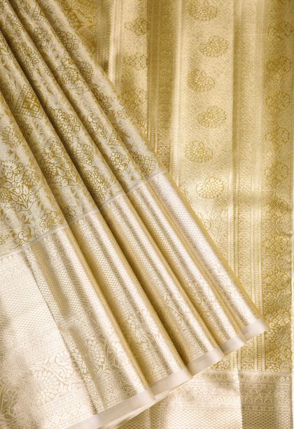 Biscotti Yellow Apoorva Silk Sarees with Silver Zari Floral Patterns
