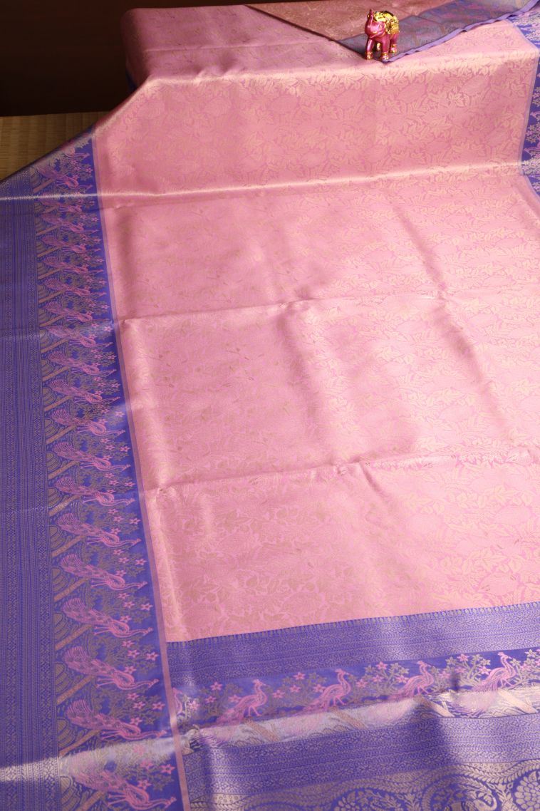 Lemonade Pink Apoorva Silk Sarees with Gold Zari Leaf Pattern view 2