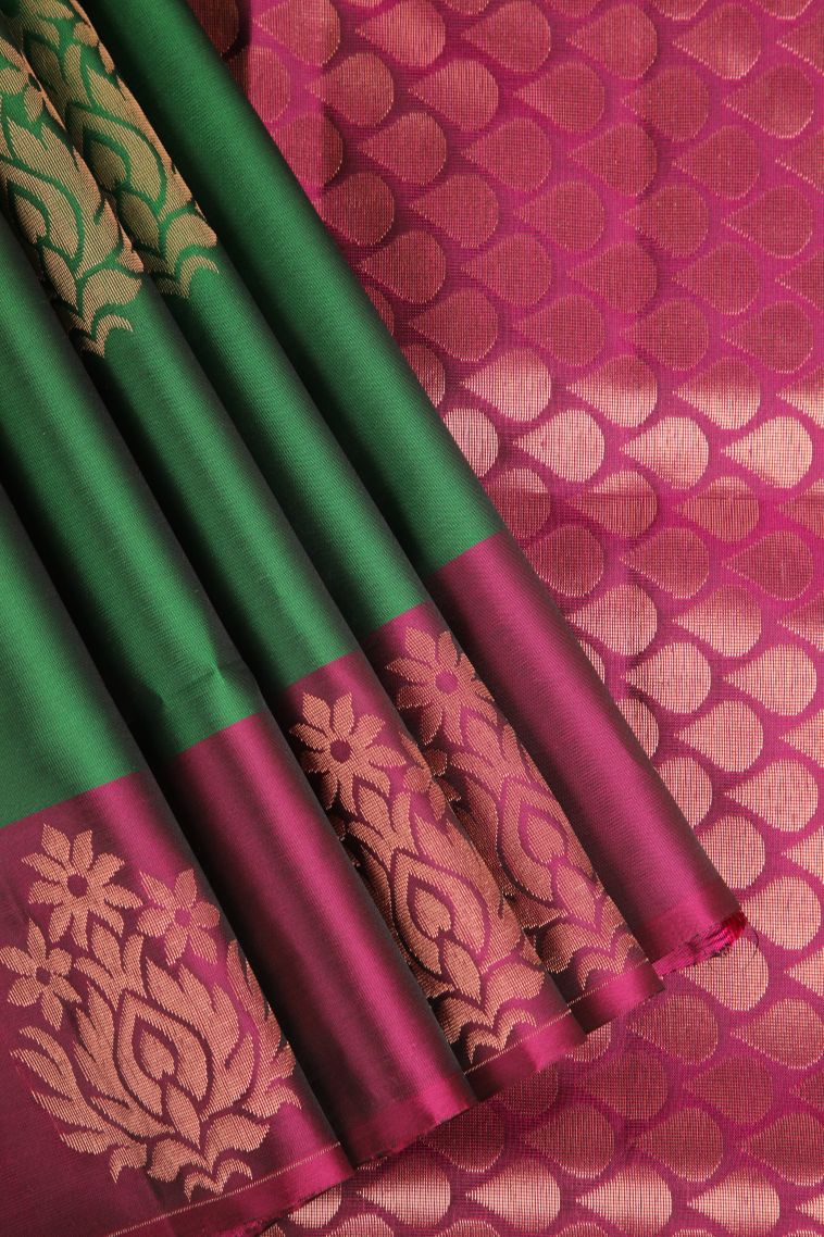 Basil Green Soft Silk Saree with Copper Zari Floral Patterns view 1