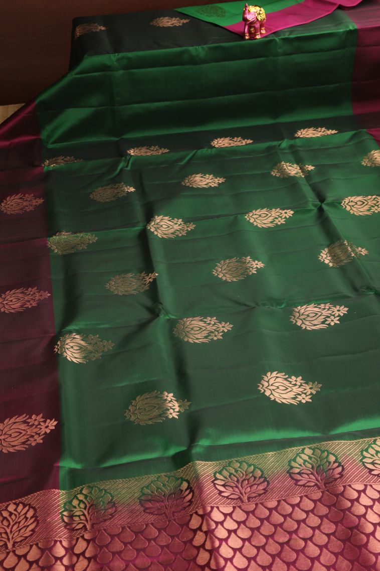 Basil Green Soft Silk Saree with Copper Zari Floral Patterns view 2