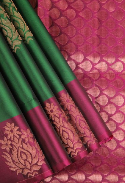 Basil Green Soft Silk Saree with Copper Zari Floral Patterns