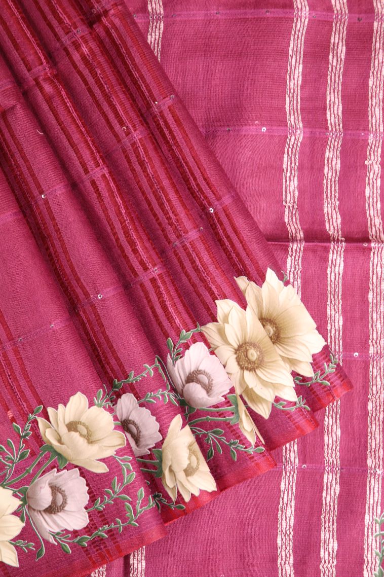 Punch Pink Linen Saree with Without Zari Zari Stripes view 1