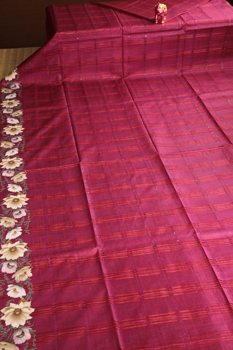 Punch Pink Linen Saree with Without Zari Zari Stripes view 2