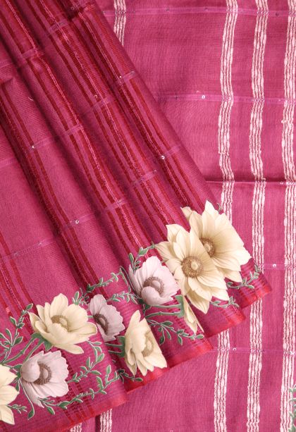 Punch Pink Linen Saree with Without Zari Zari Stripes