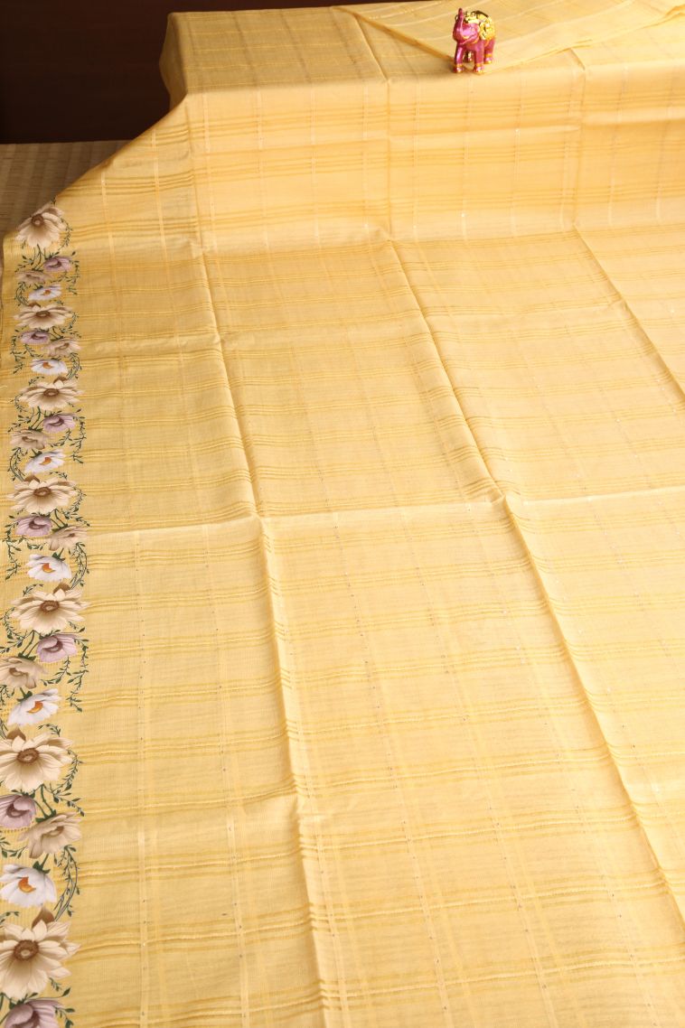 Macaroon Yellow Linen Saree with Without Zari Zari Stripes view 2