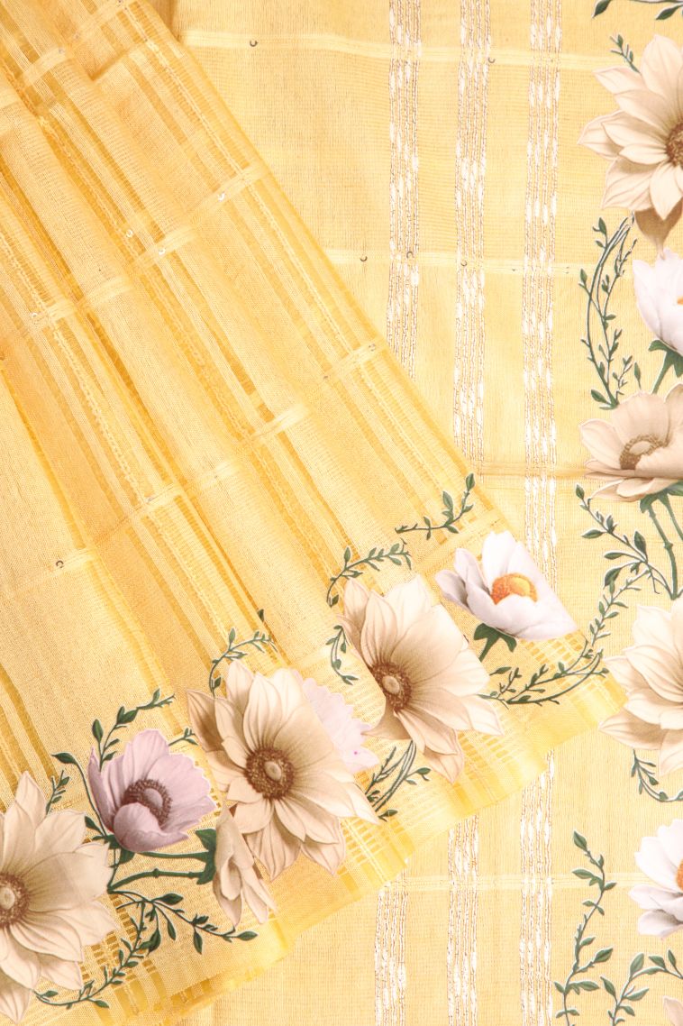 Macaroon Yellow Linen Saree with Without Zari Zari Stripes view 1