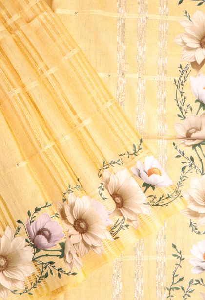 Macaroon Yellow Linen Saree with Without Zari Zari Stripes