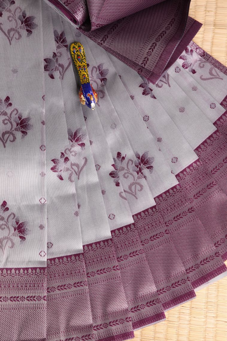 Gray Black Visiri Madippu Silk Sarees with Silver Zari Floral Patterns view 1