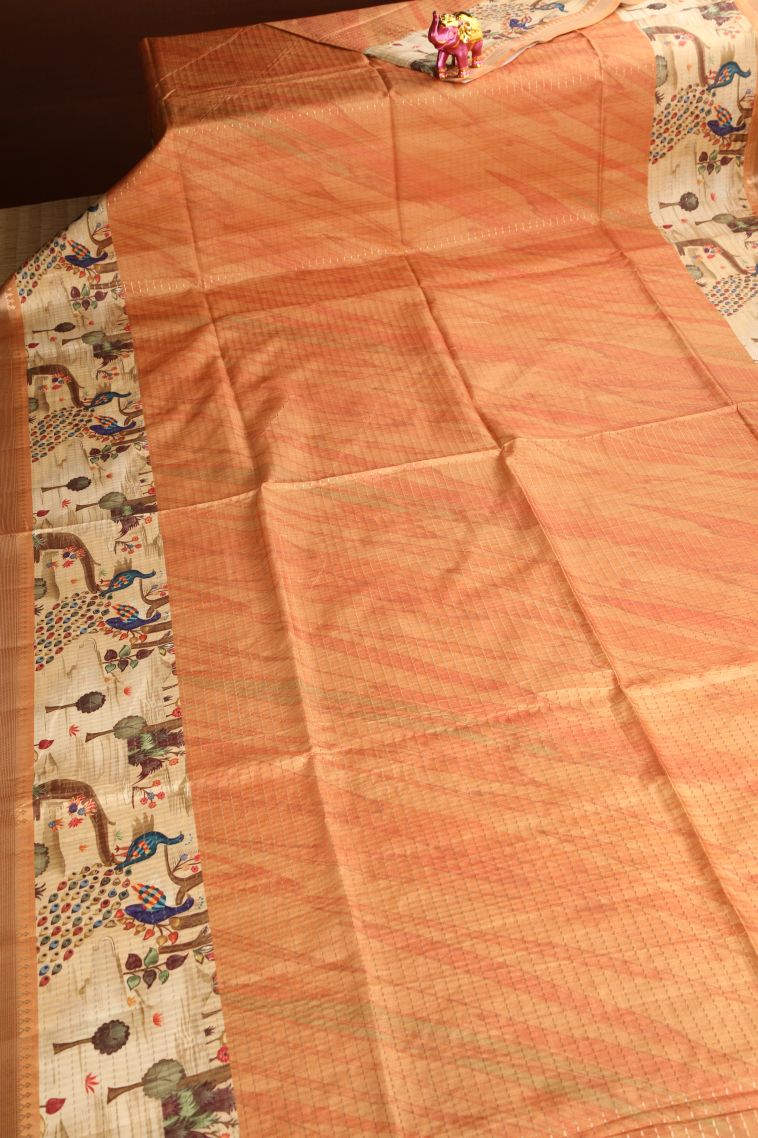 Apricot Orange Semi Tussar Silk Gold Zari with Zari Puttas view 2