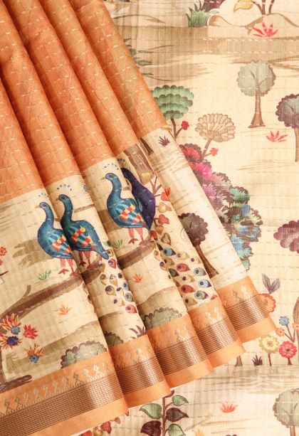 Apricot Orange Semi Tussar Silk Gold Zari with Zari Puttas