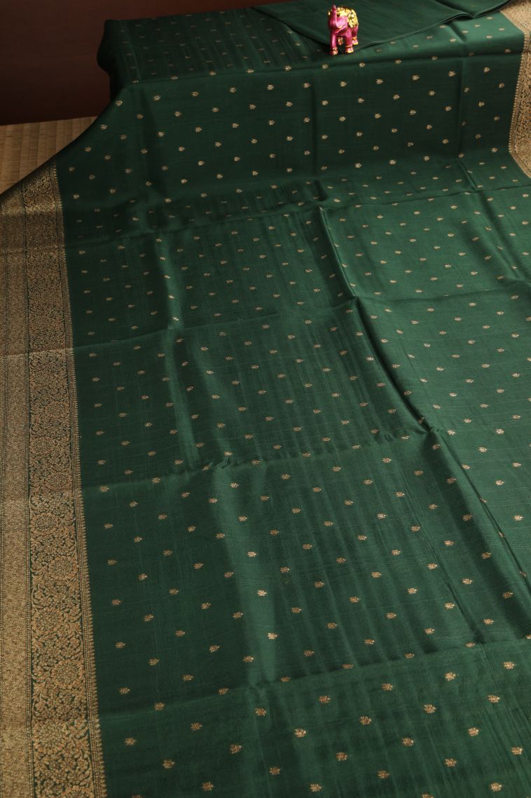 Juniper Green Banaras Sarees Antic Zari with Floral Puttas view 2