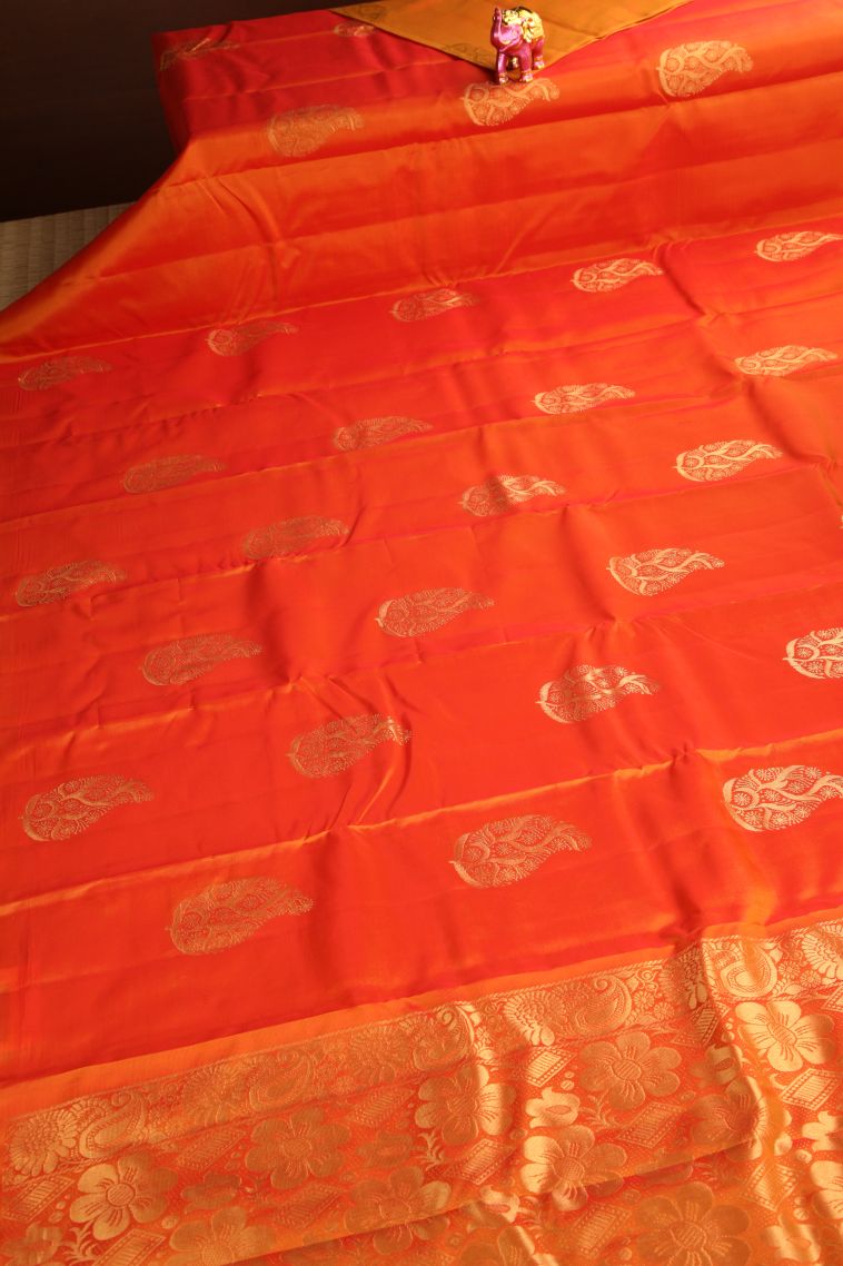 Tiger Orange Soft Silk Saree Gold Zari with Manga view 2
