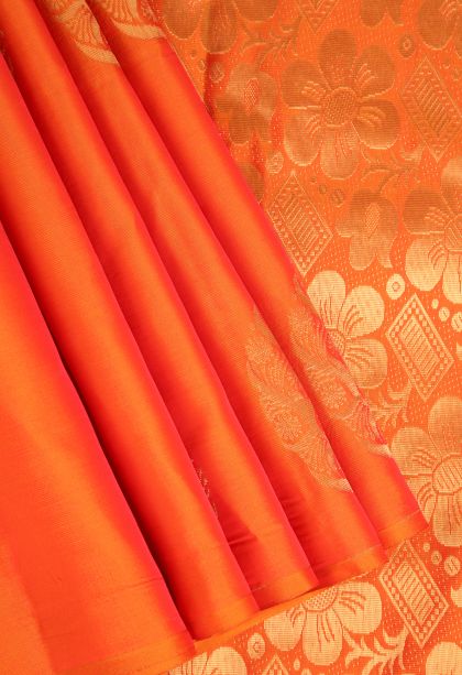 Tiger Orange Soft Silk Saree Gold Zari with Manga