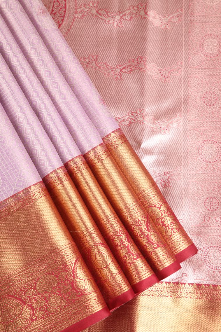 Periwinkle Purple Apoorva Silk Sarees with Gold And Silver Zari Geometric Shapes view 1