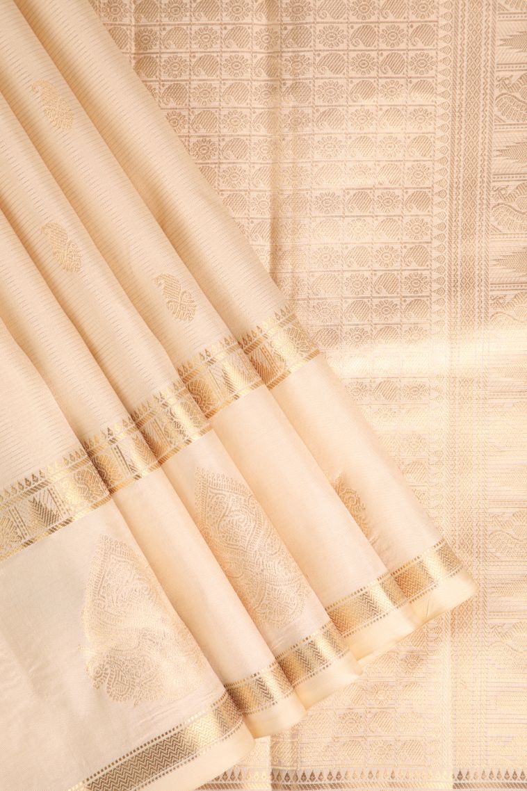 Vanilla Custard Yellow Soft Silk Saree with Gold Zari Floral Puttas view 1