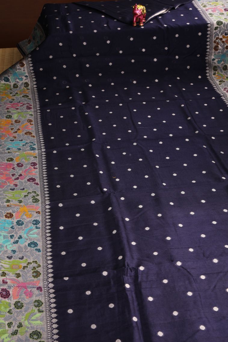 Indigo Blue Banaras Sarees with Silver Zari Buttis (small Dots Or Motifs) view 2