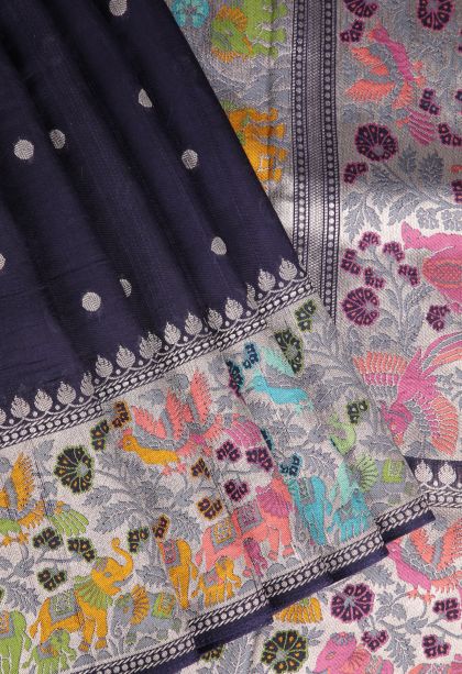Indigo Blue Banaras Sarees with Silver Zari Buttis (small Dots Or Motifs)