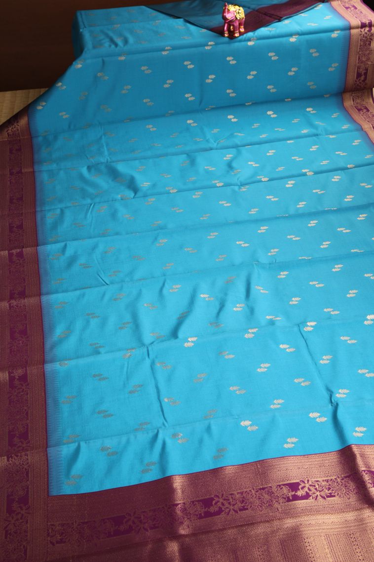 Cerulean Blue Raw Silk Sarees with Gold Zari Leaf Pattern view 2