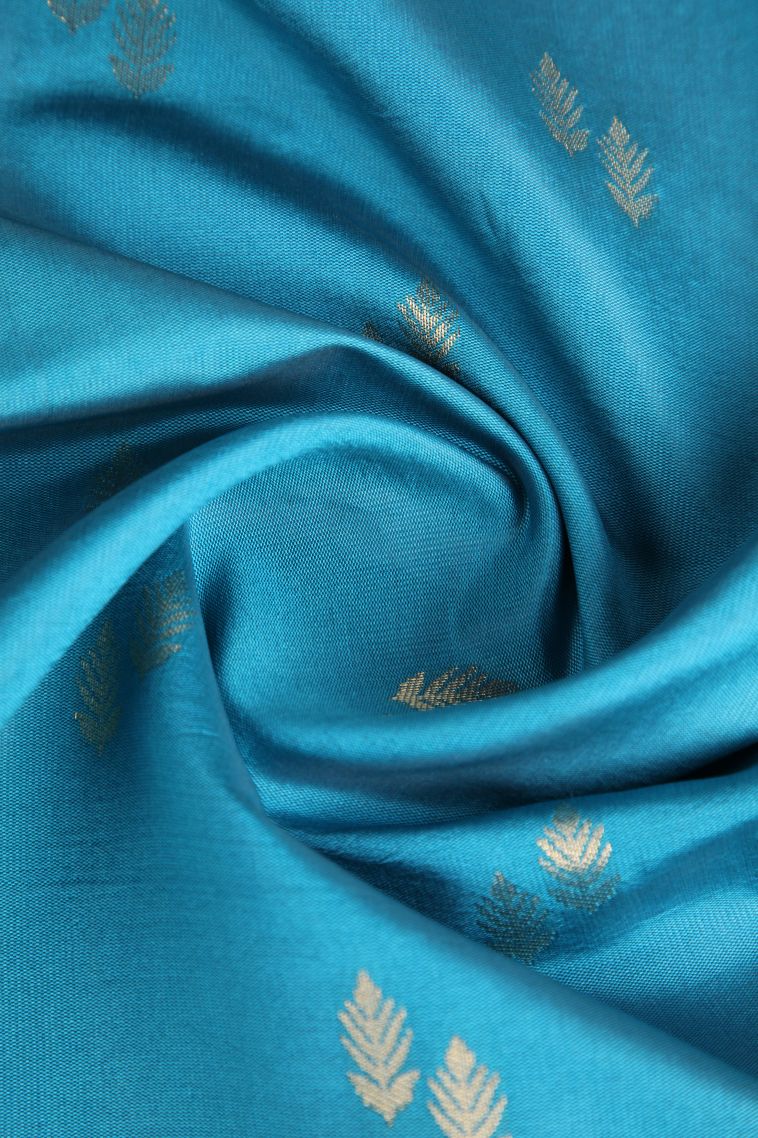 Cerulean Blue Raw Silk Sarees with Gold Zari Leaf Pattern view 4