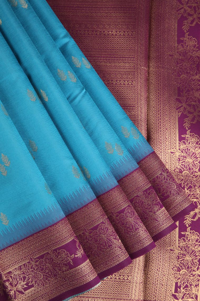 Cerulean Blue Raw Silk Sarees with Gold Zari Leaf Pattern