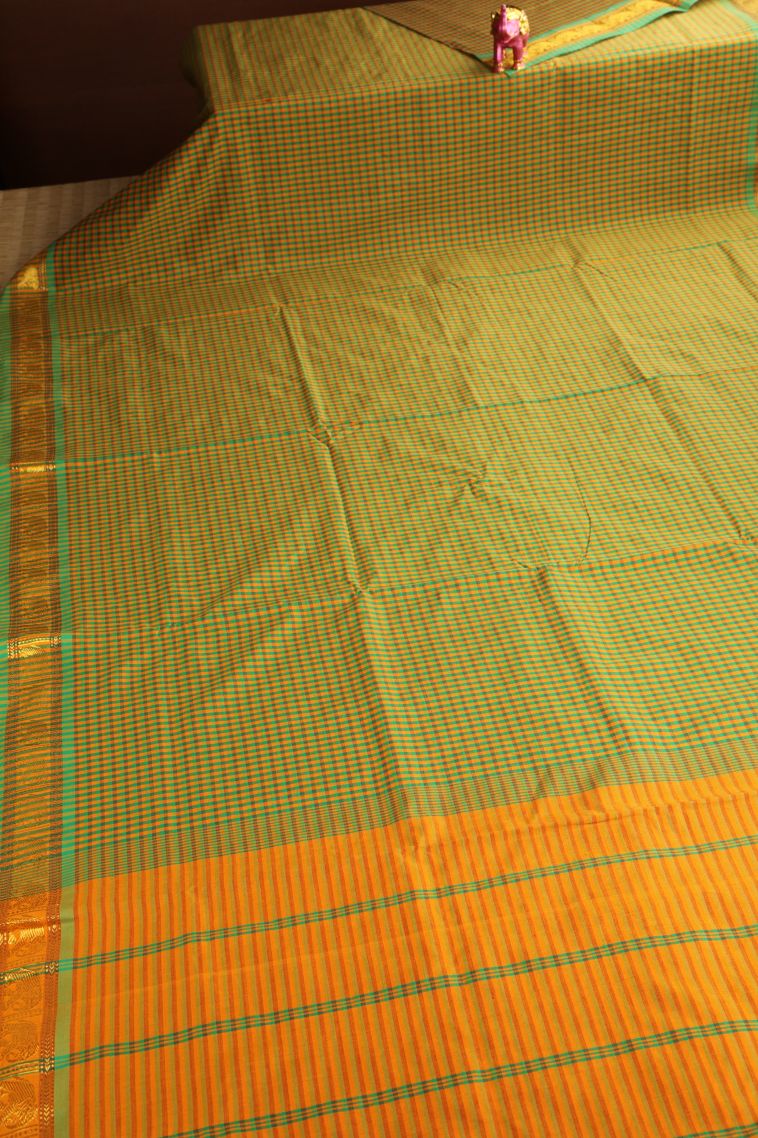 Merigold Orange Poly Cotton Sarees Gold Zari with Checks view 2