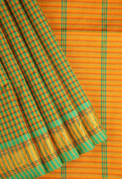 Merigold Orange Poly Cotton Sarees Gold Zari with Checks
