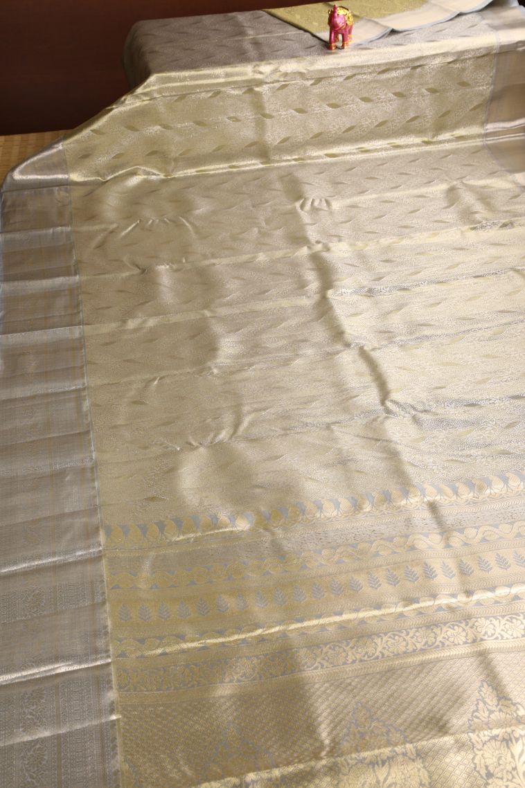 Hazelwood Yellow Apoorva Silk Sarees with Silver Zari Leaf Pattern view 2